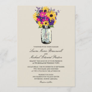 Mason Jar Daisies and Sunflowers Wedding Invitation