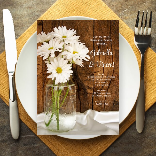 Mason Jar Daisies Country Wedding Rehearsal Dinner Invitation (Creator Uploaded)