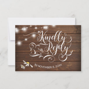 Mason Jar Daisies Rustic Barn Wood  BarefootBride™ RSVP Card