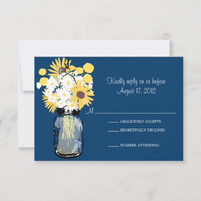 Mason Jar Daisies Sunflowers & Billy Balls  RSVP Card (Front)