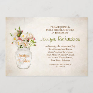 mason jar et roses blanches invitation à la douche