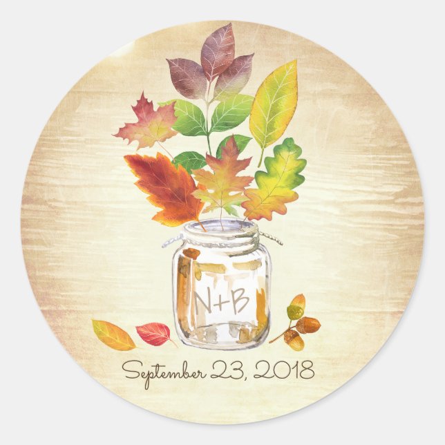 Mason Jar Fall Leaves Rustic Wood Wedding Classic Round Sticker (Front)