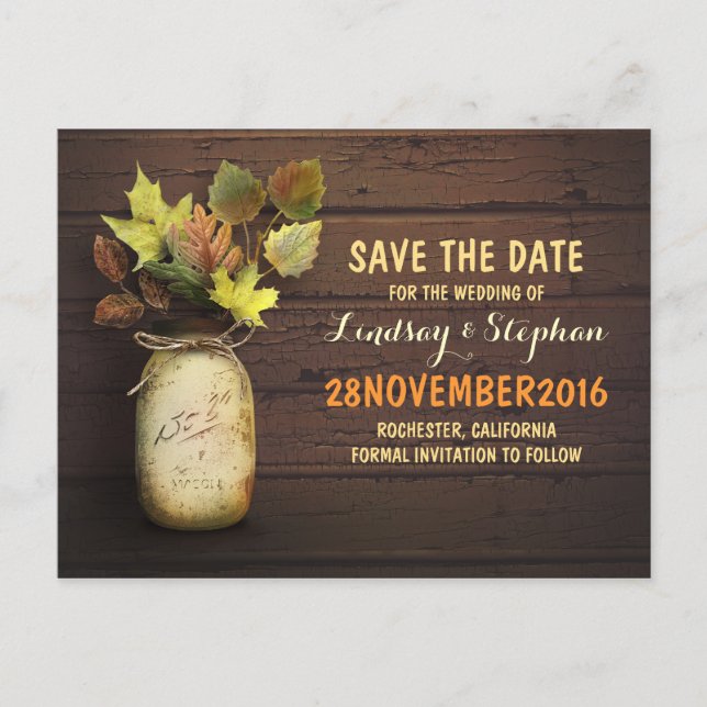 mason jar & fall leaves save the date postcard (Front)