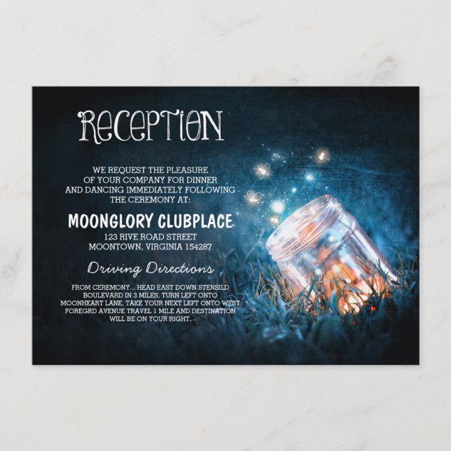 mason jar fireflies blue night wedding reception enclosure card (Front)