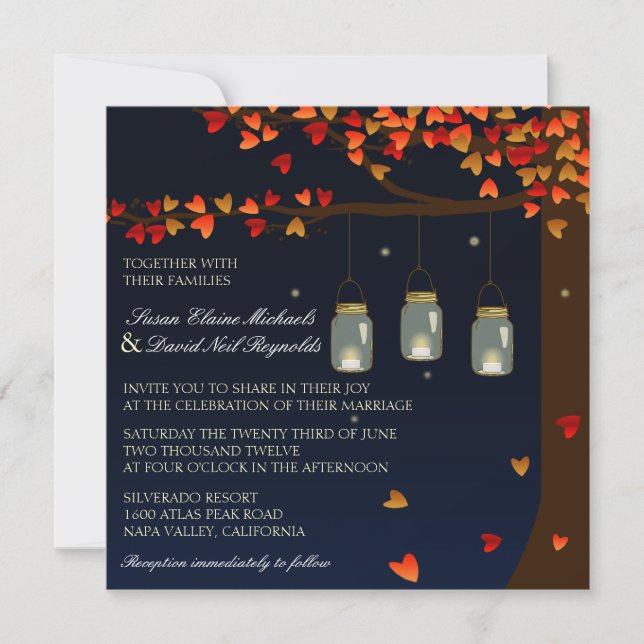 Mason Jar Fireflies Oak Tree Wedding Invite (Front)