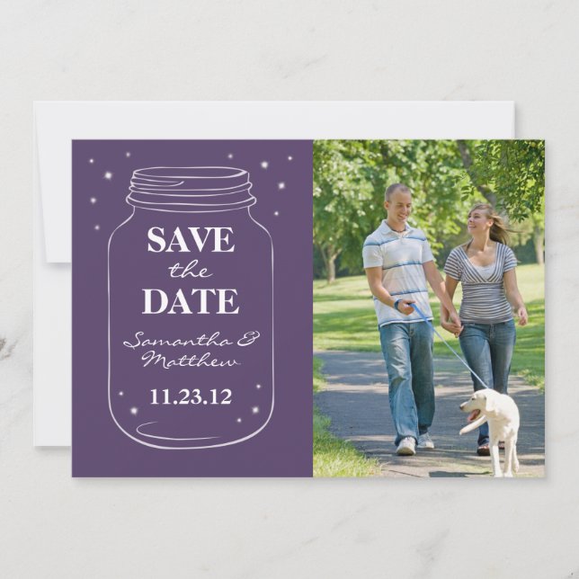 Mason Jar Fireflies Photo Save the Date Purple (Front)