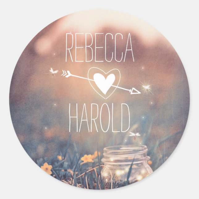 Mason Jar Fireflies Rustic Wedding Classic Round Sticker (Front)