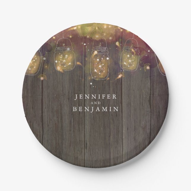 Mason Jar Firefly Lights Rustic Wedding Paper Plate (Front)
