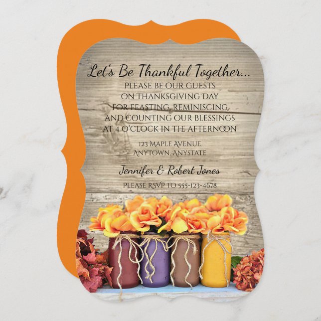 Mason Jar Fleurs Rustiques Thanksgiving Invitation (Devant / Derrière)