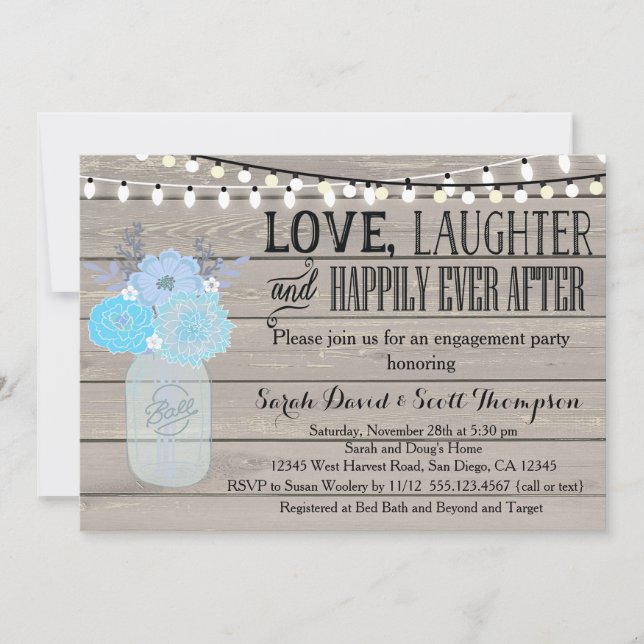 Mason Jar Floral Blue Engagement Part Invitation (Front)