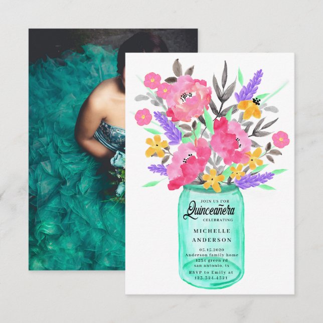 Mason Jar Floral Bouquet Quinceanera Carte photo (Devant / Derrière)
