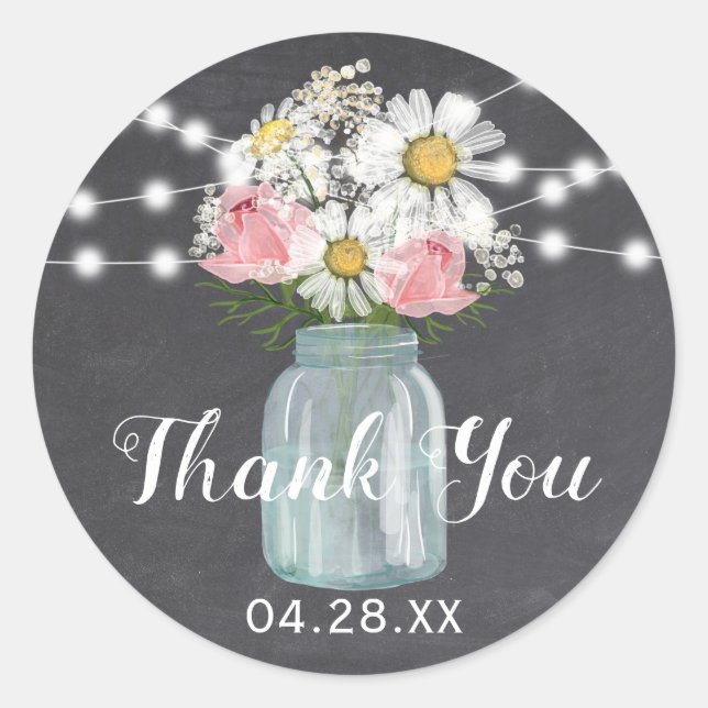 Mason Jar Floral Chalkboard String Light Thank You Classic Round Sticker (Front)