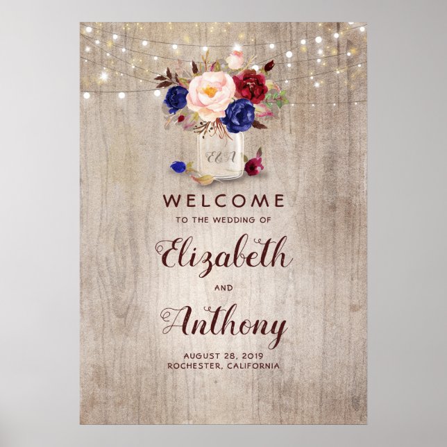 Mason Jar Floral Rustic Mariage Affiche de bienven (Devant)