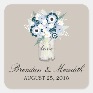 Mason Jar Floral Wedding Square Sticker