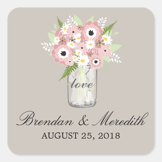 Mason Jar Floral Wedding Square Sticker (Front)