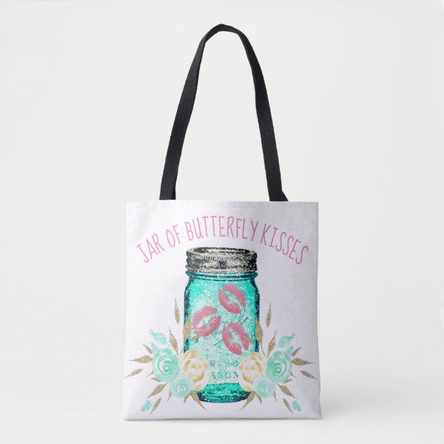 Mason jar flower and butterfly kiss cute teal pink tote bag (Front)