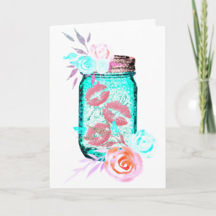 Mason jar flower butterfly kiss cute pink lips card