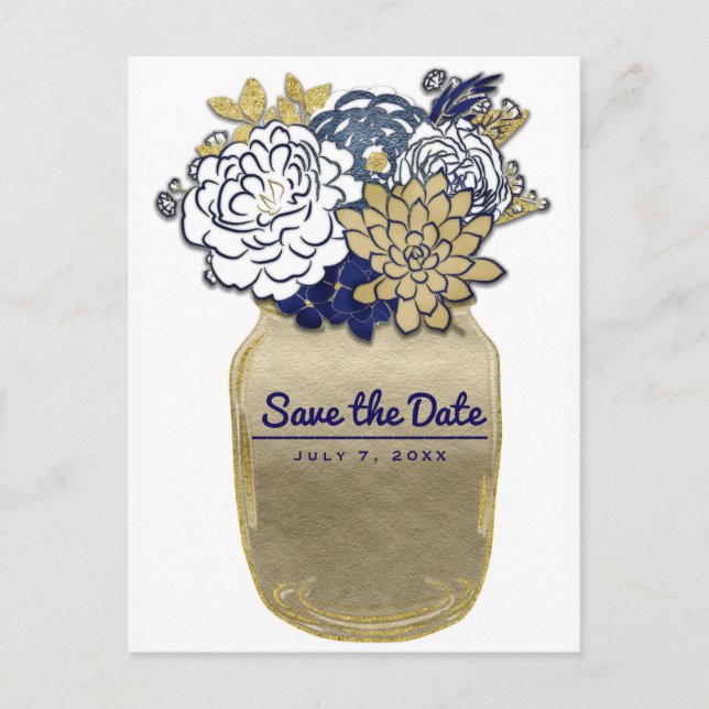 Mason Jar Flowers Rustic Blue Gold Save the Date Announcement Postcard (Front)