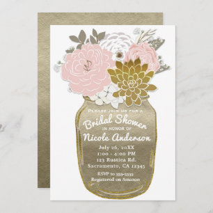Mason Jar Flowers Rustic Floral Pink & Gold Chic Invitation