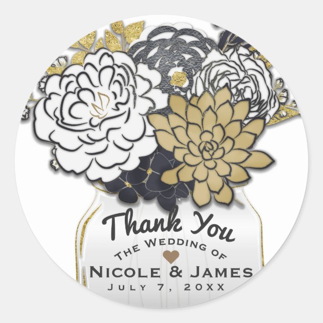 Mason Jar Flowers Rustic Grey Gold Floral Favour Classic Round Sticker (Front)