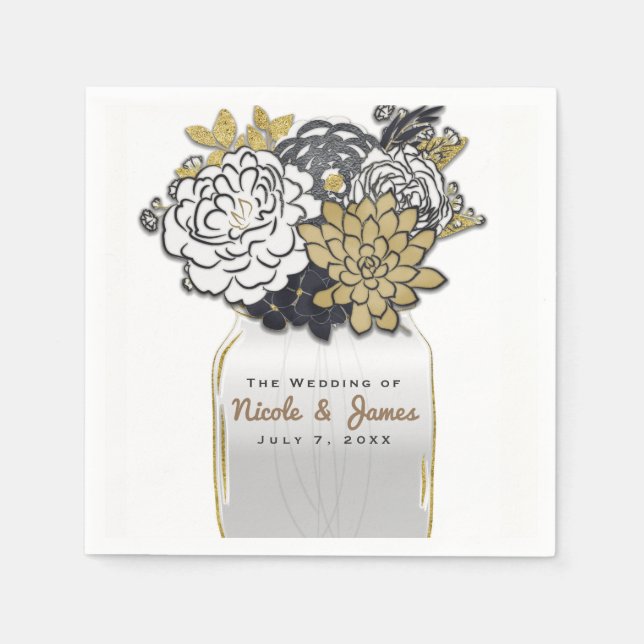 Mason Jar Flowers Rustic Grey Gold Floral Napkin (Front)
