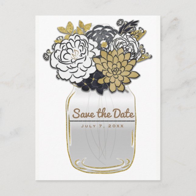 Mason Jar Flowers Rustic Grey Gold Save the Date Announcement Postcard (Front)