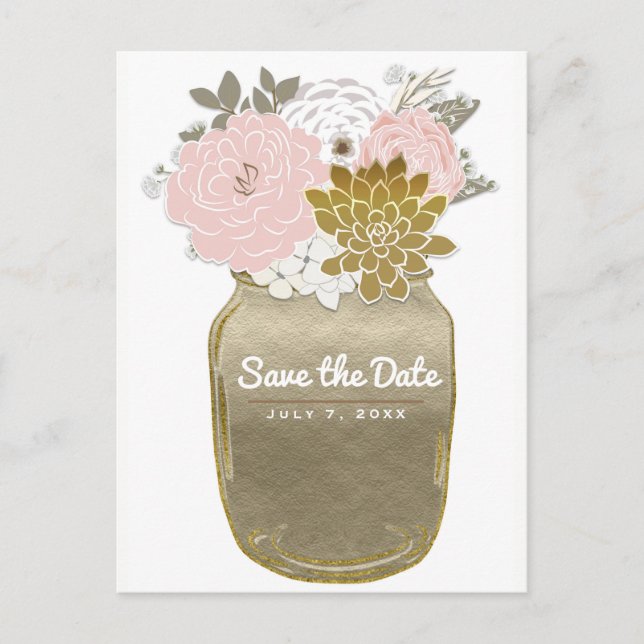 Mason Jar Flowers Rustic Pink Gold Save the Date Announcement Postcard (Front)