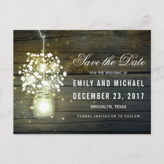 Mason Jar glowing Lights floral save the date Announcement Postcard