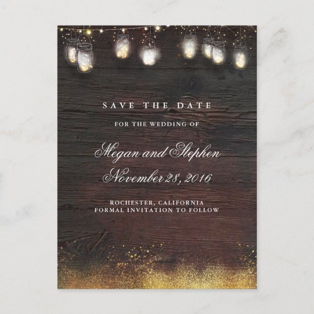 Mason Jar Gold Lights Rustic Save the Date Announcement Postcard (Front)