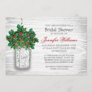 Mason Jar Holly Berry Rustic Winter Bridal Shower Invitation