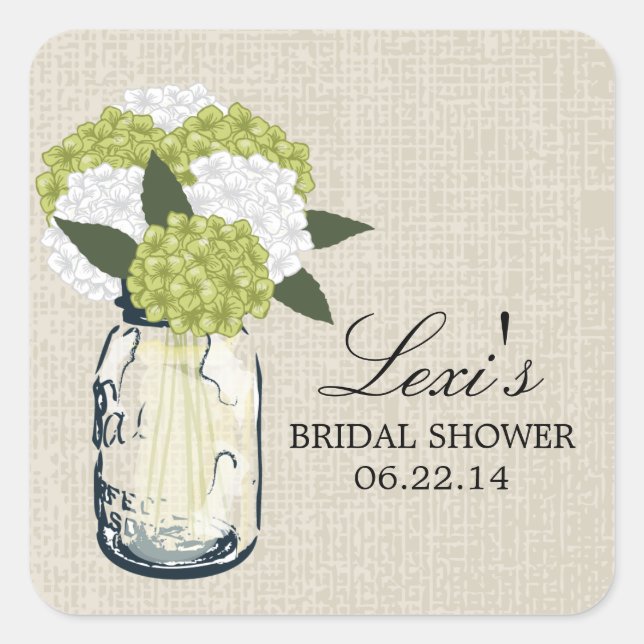 Mason Jar Hydrangea Bridal Shower Square Sticker (Front)