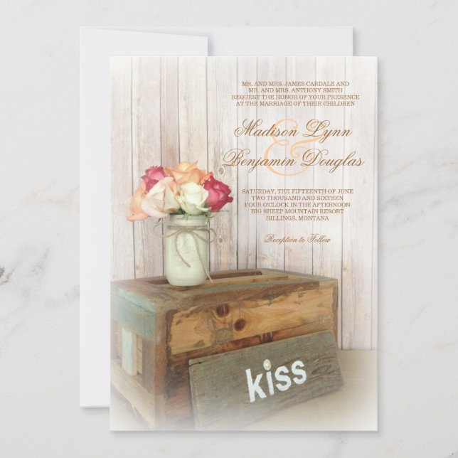 Mason Jar Kiss Wood Rustic Country Wedding Invites (Front)