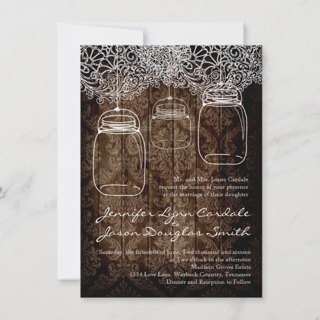 Mason Jar Lace Barn Wood Wedding Invitations (Front)