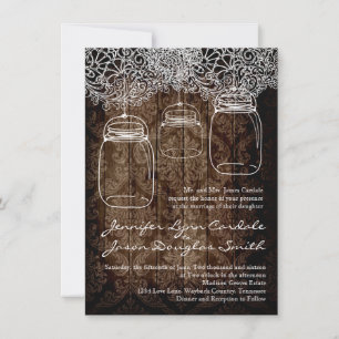 Mason Jar Lace Barn Wood Wedding Invitations