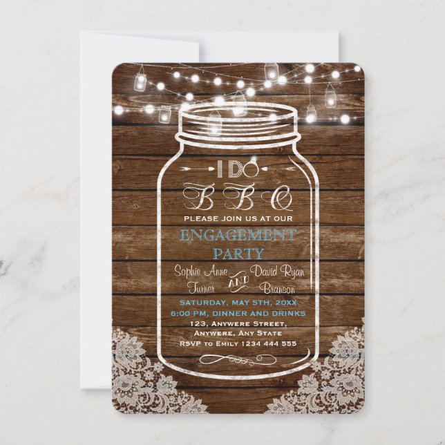 Mason Jar Lace String Lights I DO BBQ Engagement Invitation (Front)