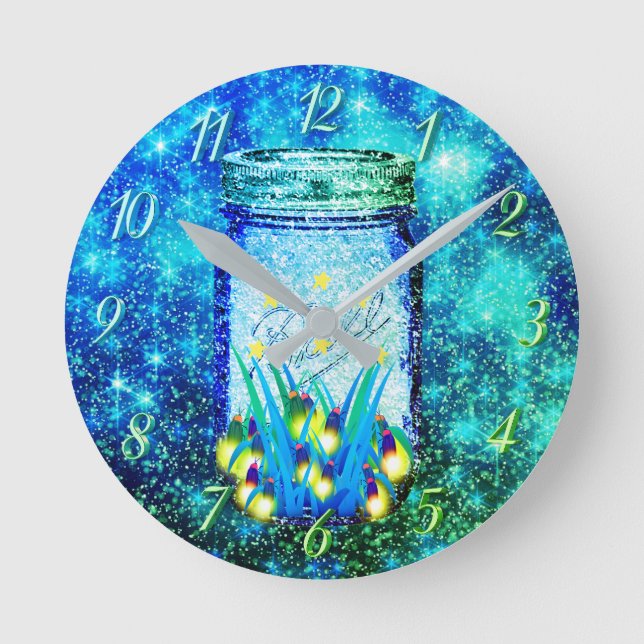 Mason jar lightning bug glowing firefly  magnet round clock (Front)