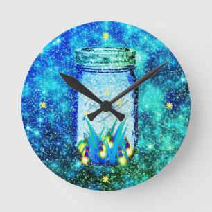 Mason jar lightning bug glowing firefly  round clock