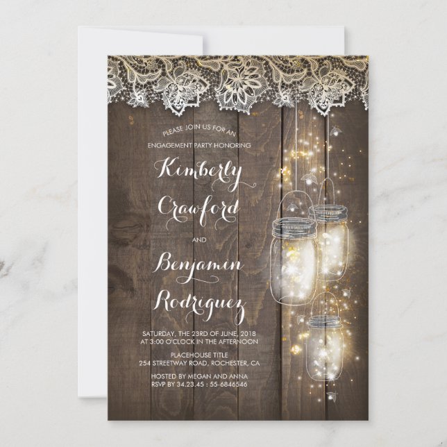 Mason Jar Lights and Lace Rustic Engagement Party Invitation (Front)