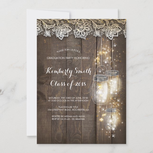 Mason Jar Lights and Lace Rustic Graduation Party Invitation (Front)