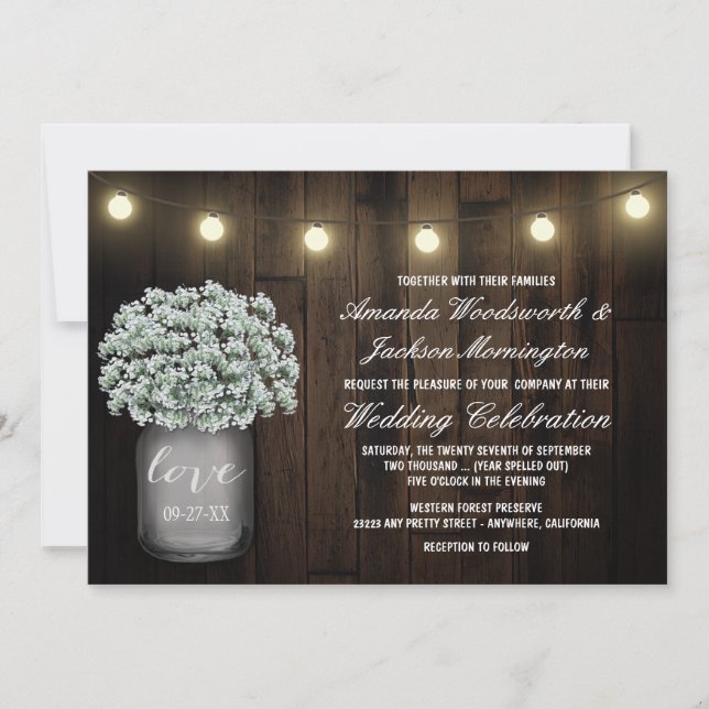 Mason Jar Lights Babys Breath Wedding Invitations (Front)