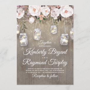 Mason Jar Lights Floral Rustic Wedding Invitation
