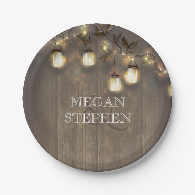 Mason Jar Lights Rustic Barn Wedding Paper Plate (Front)