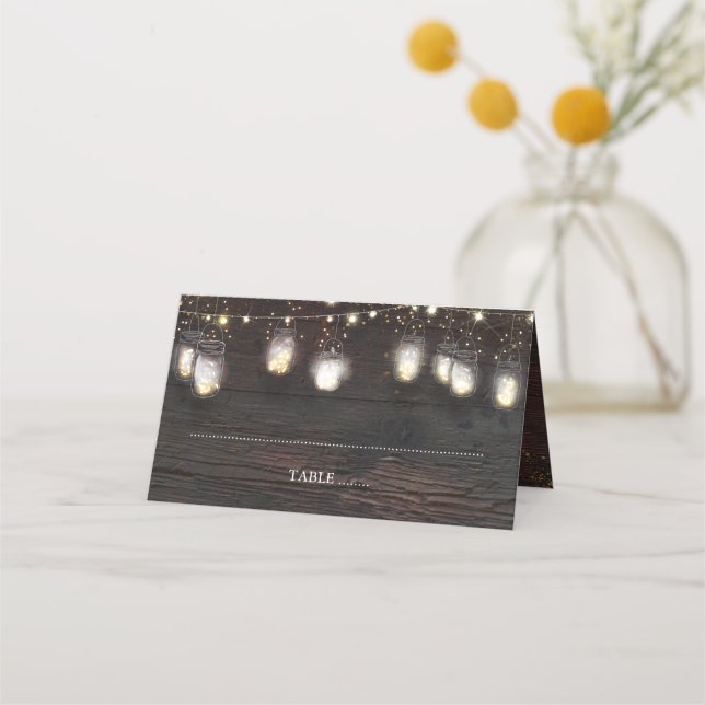 Mason Jar Lights Rustic Wedding Place Card (Front)
