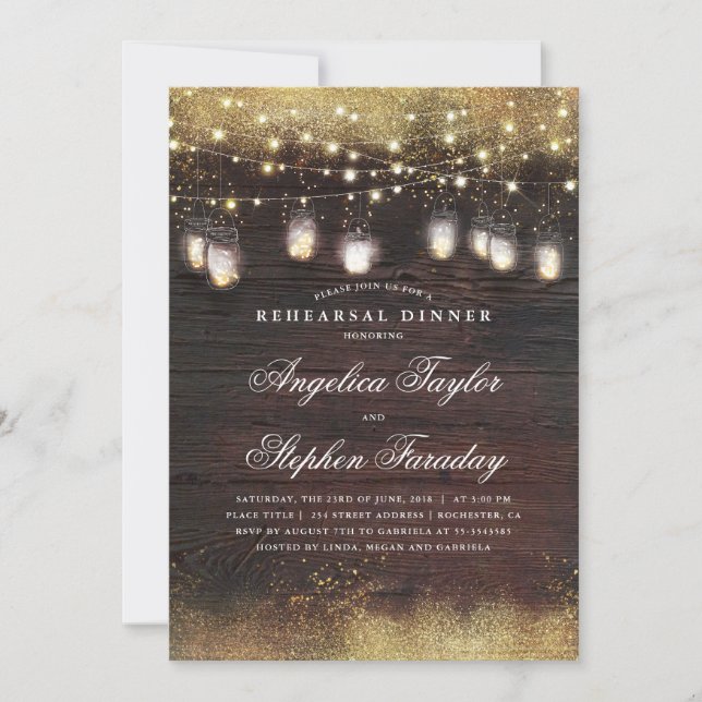 Mason Jar Lights Rustic Wood Rehearsal Dinner Invitation (Front)
