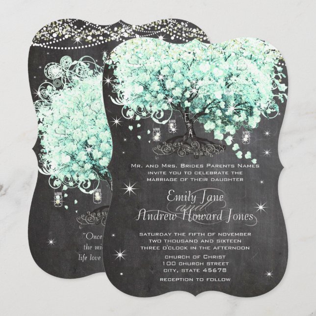 Mason Jar Mint Chalkboard Heart Leaf Tree Invitation (Front/Back)