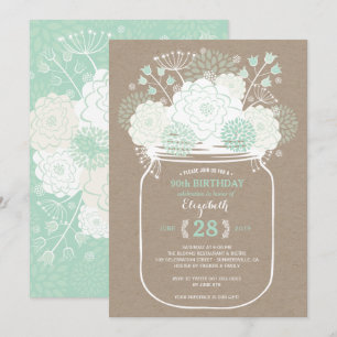 Mason Jar Mint Floral Blooms Birthday Party Invite