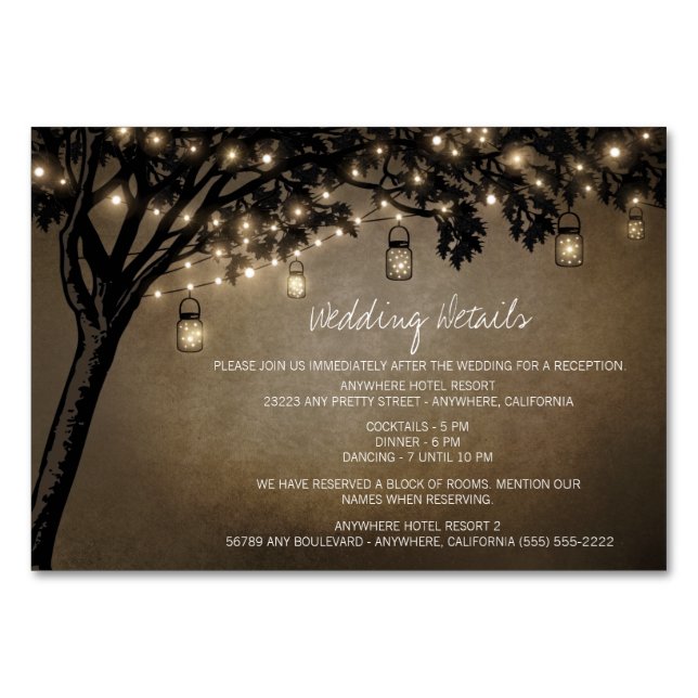 Mason Jar Oak Tree Reception Accommodation Cards (Front)