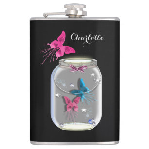 Mason Jar Of Butterflies Personalized Hip Flask