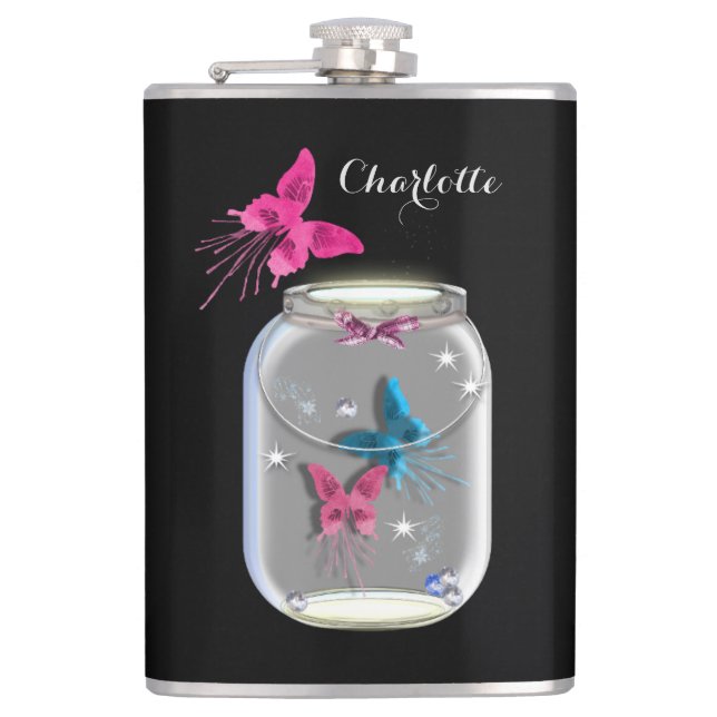 Mason Jar Of Butterflies Personalized Hip Flask (Front)