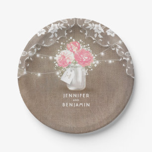 Mason Jar Peonies Lace and Burlap Wedding Paper Plate